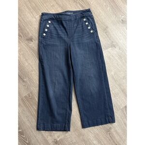 Chicos Pull On Wide Leg Crop Jeans Dark Wash Sailor Button Detail Size 8R